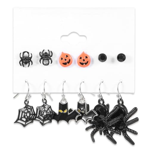 OIXEYA 6 Paar Halloween Ohrringe Set, Spinnen Kürbis Ohrringe für Damen, Lang Hängende Ohrhänger Vampir Kostüm Zubehör Halloween Kostüm Damen Schwarze für Halloween Karnev von OIXEYA