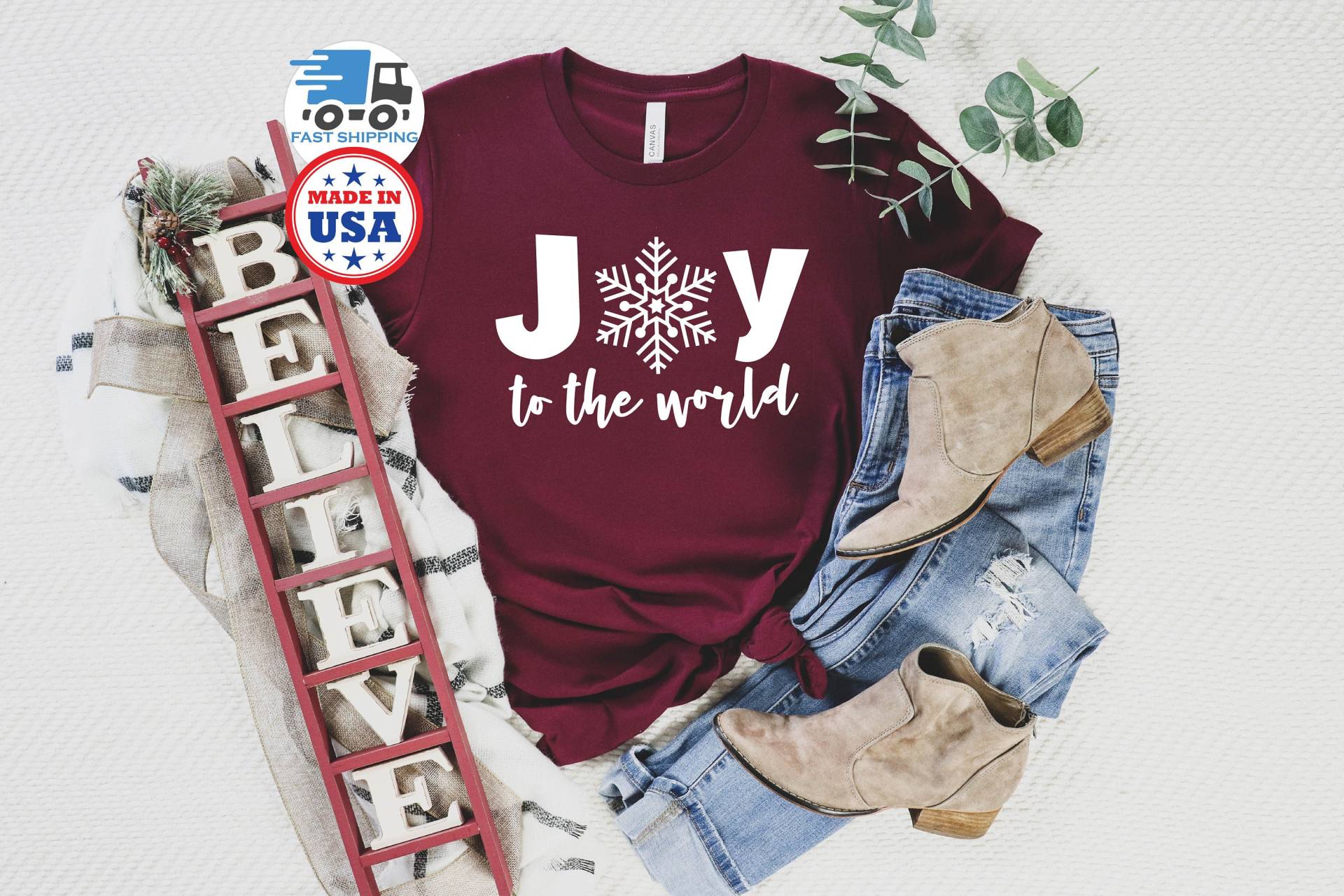 Joy To The World Shirt, Weihnachtsshirt, Weihnachtsgeschenk Für Mama, Passendes Weihnachtshemd, Weihnachtsfamilienhemden von OJEYAPPAREL