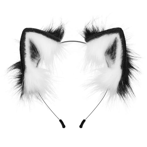Fuchsohren Stirnband, Kunstfell Katzenohren, Wolfsohren Haarband, Furry Fursuit Kostüm Accessoires, Mode Haarnadel for Erwachsene, Halloween Cosplay(Black White) von OJIJO