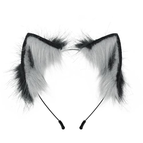 Fuchsohren Stirnband, Kunstfell Katzenohren, Wolfsohren Haarband, Furry Fursuit Kostüm Accessoires, Mode Haarnadel for Erwachsene, Halloween Cosplay(Gray Black) von OJIJO