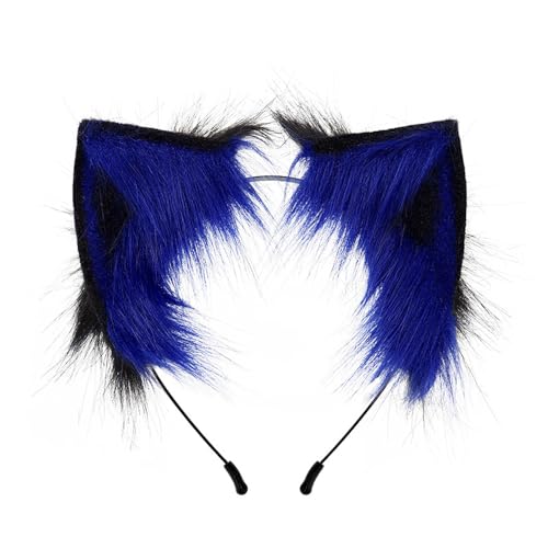 Fuchsohren Stirnband, Kunstfell Katzenohren, Wolfsohren Haarband, Furry Fursuit Kostüm Accessoires, Mode Haarnadel for Erwachsene, Halloween Cosplay(Navy Blue) von OJIJO