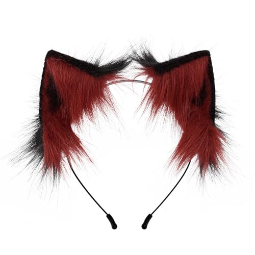Fuchsohren Stirnband, Kunstfell Katzenohren, Wolfsohren Haarband, Furry Fursuit Kostüm Accessoires, Mode Haarnadel for Erwachsene, Halloween Cosplay(Red Black) von OJIJO