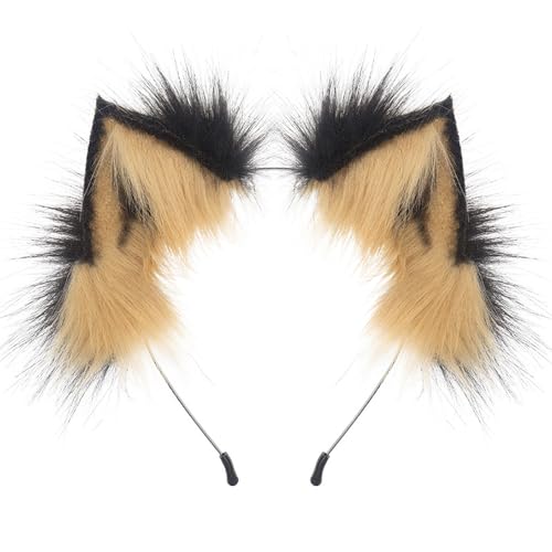 Fuchsohren Stirnband, Kunstfell Katzenohren, Wolfsohren Haarband, Furry Fursuit Kostüm Accessoires, Mode Haarnadel for Erwachsene, Halloween Cosplay(Tan) von OJIJO