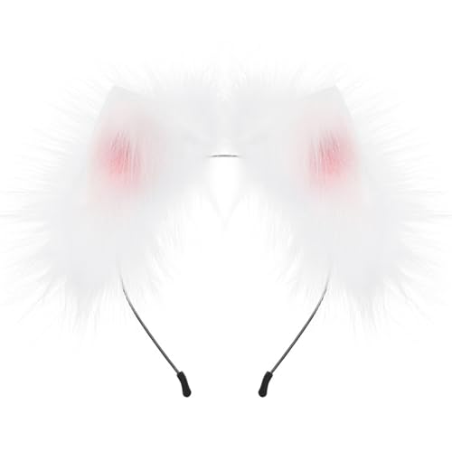 Fuchsohren Stirnband, Kunstfell Katzenohren, Wolfsohren Haarband, Furry Fursuit Kostüm Accessoires, Mode Haarnadel for Erwachsene, Halloween Cosplay(White) von OJIJO