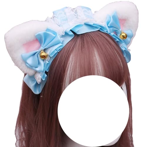 Lolita Spitzen-Stirnband mit Kunstfell-Katzenohren, Fuchs-Wolf-Kopfbedeckung, modische Haarnadel for Cosplay(White Blue) von OJIJO