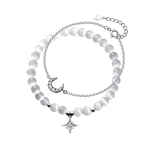 OJIJO Silberarmband, Damen 925 Sterling Silber 2 Stück Opal Elastisches Seil Zirkon Und Charm Modischer Armreif Mit Dünner Gliederkette, Modischer Armreif, Verstellbares Und Glücks-Fußkettchen von OJIJO