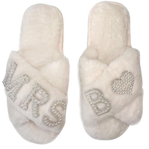 OJXTRDE MRS Braut Pantoffeln Kreuz Band Hausschuhe Offene Zehe Weiß Braut Thema Hausschuhe Braut Dusche Geschenke für Hochzeitstag Hen Party von OJXTRDE