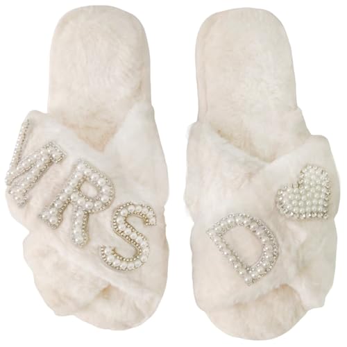 OJXTRDE MRS Braut Pantoffeln Kreuz Band Hausschuhe Offene Zehe Weiß Braut Thema Hausschuhe Braut Dusche Geschenke für Hochzeitstag Hen Party von OJXTRDE