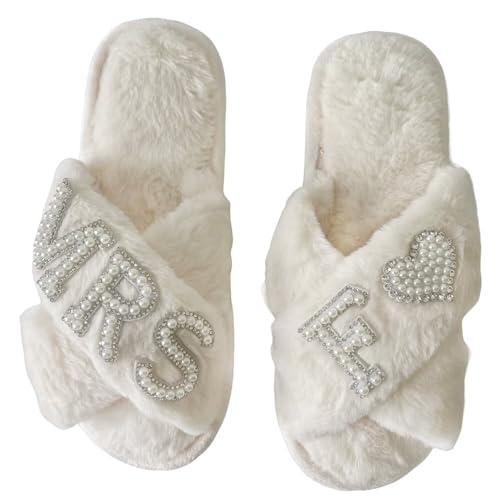 OJXTRDE MRS Braut Pantoffeln Kreuz Band Hausschuhe Offene Zehe Weiß Braut Thema Hausschuhe Braut Dusche Geschenke für Hochzeitstag Hen Party von OJXTRDE