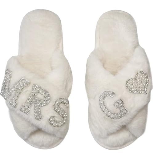 OJXTRDE MRS Braut Pantoffeln Kreuz Band Hausschuhe Offene Zehe Weiß Braut Thema Hausschuhe Braut Dusche Geschenke für Hochzeitstag Hen Party von OJXTRDE