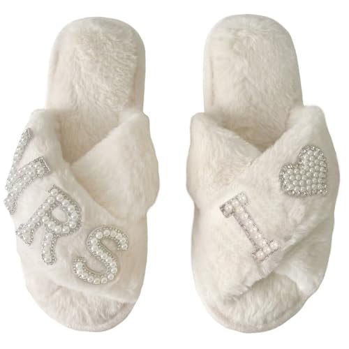 OJXTRDE MRS Braut Pantoffeln Kreuz Band Hausschuhe Offene Zehe Weiß Braut Thema Hausschuhe Braut Dusche Geschenke für Hochzeitstag Hen Party von OJXTRDE