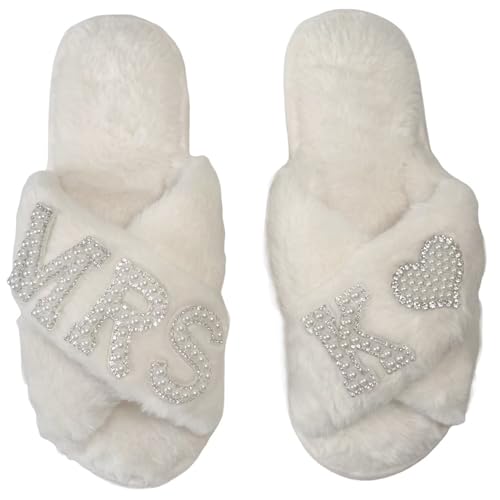 OJXTRDE MRS Braut Pantoffeln Kreuz Band Hausschuhe Offene Zehe Weiß Braut Thema Hausschuhe Braut Dusche Geschenke für Hochzeitstag Hen Party von OJXTRDE