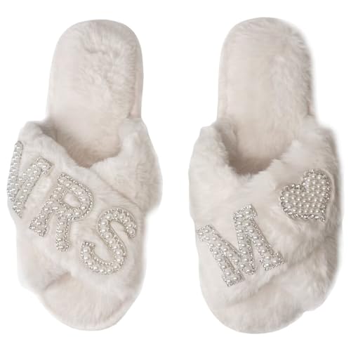 OJXTRDE MRS Braut Pantoffeln Kreuz Band Hausschuhe Offene Zehe Weiß Braut Thema Hausschuhe Braut Dusche Geschenke für Hochzeitstag Hen Party von OJXTRDE