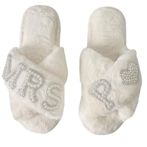 OJXTRDE MRS Braut Pantoffeln Kreuz Band Hausschuhe Offene Zehe Weiß Braut Thema Hausschuhe Braut Dusche Geschenke für Hochzeitstag Hen Party von OJXTRDE