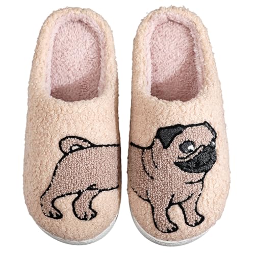 OJXTRDE Niedliche Mops Hausschuhe Frauen Männer Fuzzy Memory Foam Cartoon Tier Hausschuhe Neuheit Lustige Hund Hausschuhe Winter Warm Plüsch Hausschuhe von OJXTRDE