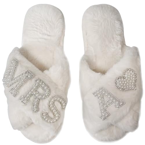 OJXTRDE MRS Braut Pantoffeln Kreuz Band Hausschuhe Offene Zehe Weiß Braut Thema Hausschuhe Braut Dusche Geschenke für Hochzeitstag Hen Party von OJXTRDE