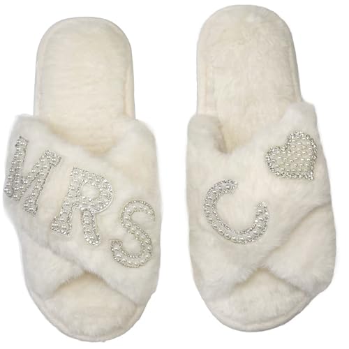 OJXTRDE MRS Braut Pantoffeln Kreuz Band Hausschuhe Offene Zehe Weiß Braut Thema Hausschuhe Braut Dusche Geschenke für Hochzeitstag Hen Party von OJXTRDE