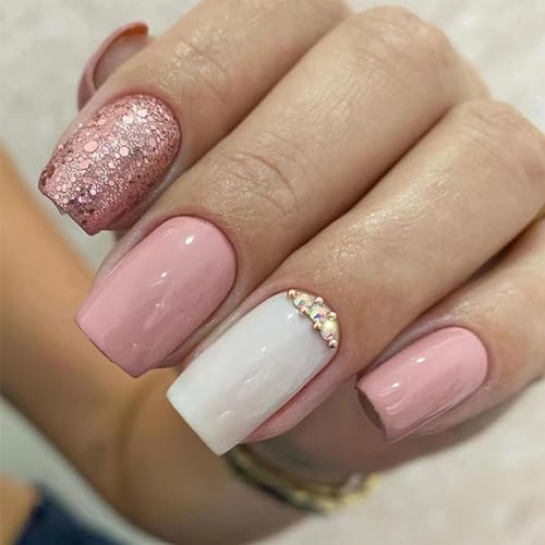 24 Stück französische falsche Nägel kurz – Mandel zum Drücken auf Nägel – volle Abdeckung Acryl künstliche Nägel – falsche Nägel mit Klebestift auf Nägeln für Frauen und Mädchen Nail Art (rosa weiß von OKAQEE