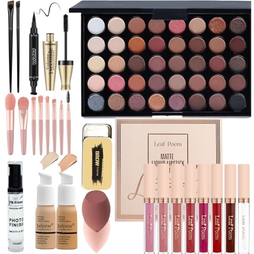 Schminke Set für Frauen, All in One Make Up Set - 40 Farben Lidschatten Palette, Lip Gloss Set, Mascara, Foundation & Face Primer, Eyeliner Stempel, Augenbrauen Seife, Makeup Schwamm Pinsel Set von OKAQEE