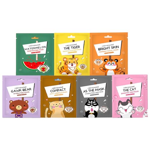 Sheet Mask - Face Mask Set for Teenage Girls - Fun Animal Printed Sheet Face Masks - With Tiger and Cat Easy Use Face Mask Gift Set - Hydrating Brighten, Soothe - Face Masks for All Skin Types (7) von OKAQEE