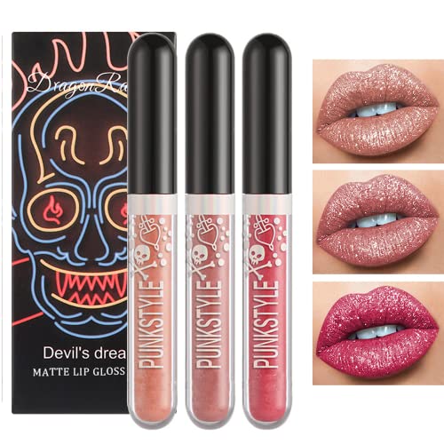 3PCS Metallic Diamond Liquid Glitter Schimmer Lippenstift Matte Black Lipstick Set Getönter Lipgloss Rich Pigment Langanhaltender Non-Stick Cup Wasserdichte Lip Glaze (A) von OKENTEN