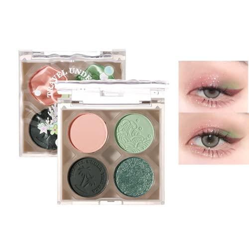 Lidschatten-Palette, Lang Anhaltende Lidschatten-Palette, Professionelle Hochpigmentierte Lidschatten-Palette, 4 Farbtöne, Matt Lidschatten, Perlglanz Pailletten Eyeshadow (grün) von OKENTEN