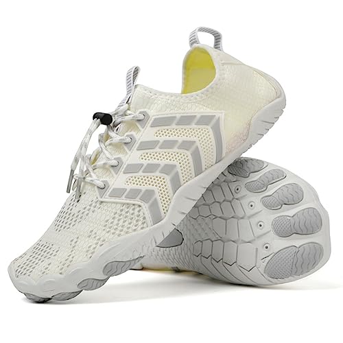 OKESYO Unisex Barfußschuhe Herren Damen Atmungsaktiv Traillaufschuhe rutschfest Badeschuhe Schnell Trocknend Wasserschuhe mit Breiter Zehenbox Gr. 37-46 (Weiß) von OKESYO