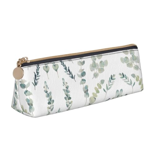 OKFSTY Eucalyptus Leaves Classic Triangular Design Portable Leather Pencil Case with Large Storage Capacity Pencil Pouch, weiß, Einheitsgröße, Kosmetiktasche von OKFSTY
