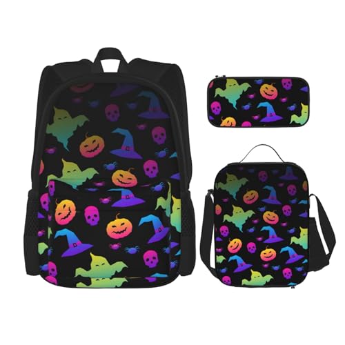 OKFSTY Regenbogen Halloween Geist Hexenhut Spinnen Rucksack 40,6 cm Jungen Vorschule Elementary Büchertasche und Lunchbox leicht, Schwarz , Einheitsgröße, Schulranzen-Set von OKFSTY