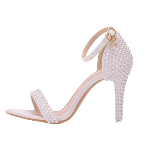 Kristall Königin Braut Hochzeitsschuhe Mode Weiße Schuhe Frau Knöchelgurt Party Kleid Sandalen Offene Zehe High Heels Pumps Weiblich-Heel 7cm,37 von OKGD