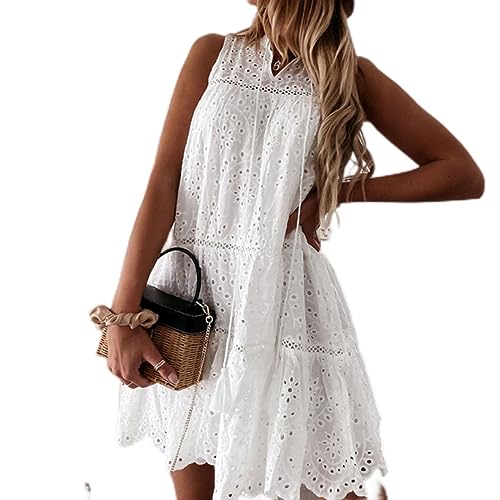 Lässiges weißes Kleid für Damen, Boho-Party, einfarbig, Strand-Sommerkleid, Sommer, locker, ärmellos, Hakenblume, hohl, Mini-A-Linien-Kleid, Weiß, L von OKGD