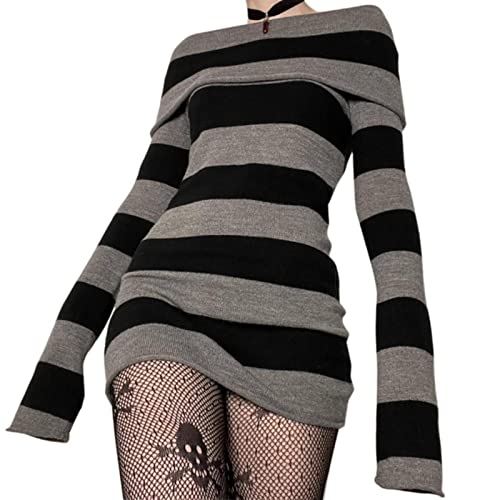 OKGD Dourbesty Goth Mall Streifen Strickkleid Damen Langarm Schulterfreies Bodycon Kleid Vintage Ästhetisch Y2k Grunge Kleidung-Schwarz, L von OKGD