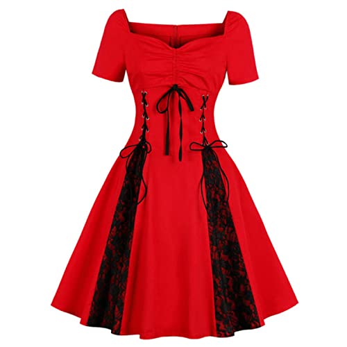 OKGD Frauen Vintage Steampunk Gothic Kleid Plus Size Sexy Schulterfrei Rot 50er Jahre Retro Viktorianisches Party Mittelalter Halloween Kleid Vestidos-rotes Gothic-Kleid,XL von OKGD