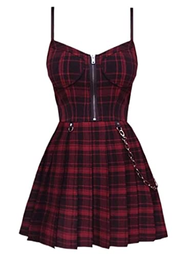 OKGD Gothic Mädchen Rot Plaid Plissee Emo Alt Kleid Y2K Reißverschluss Robe Femme Punk Schwarz Spaghettiträger Mini Kurz Jurken Goth Streetwear-Red Plaid,M von OKGD