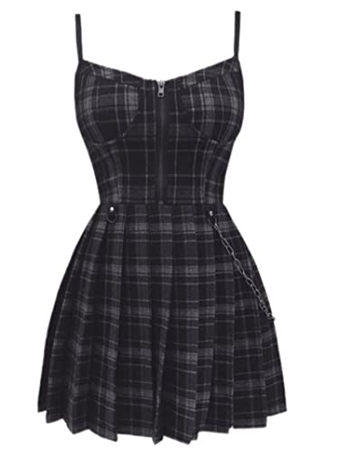OKGD Gothic Mädchen Rot Plaid Plissee Emo Alt Kleid Y2K Reißverschluss Robe Femme Punk Schwarz Spaghettiträger Mini Kurz Jurken Goth Streetwear-schwarz kariert, S von OKGD