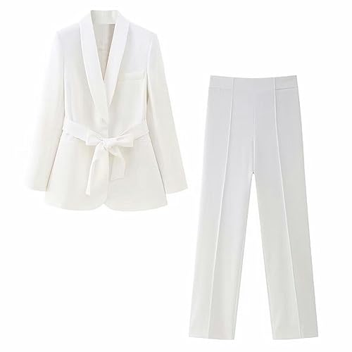OKGD Herbst-V-Krawatten-Blazer, Jacke und Hose, 2er-Set, schickes Damen-Langarm-Jacken-Hosen-Set, einfarbig, Set-Weiß, Sets TZ173-L von OKGD