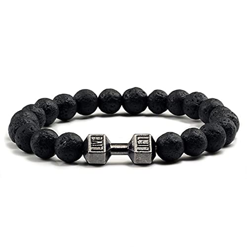 OKGD Klassisches Naturstein-Armband mit Perlen für Fitnessstudio, Fitness, Hantel, Energie, Herren, Armbänder, Armreifen, Langhantel-Armband, Damen-Schmuck, Pulseira-Lava von OKGD