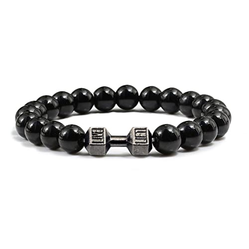 OKGD Klassisches Naturstein-Armband mit Perlen für Fitnessstudio, Fitness, Hantel, Energie, Herren-Armbänder, Armreifen, Langhantel-Armband, Damen-Schmuck, helles Schwarz von OKGD