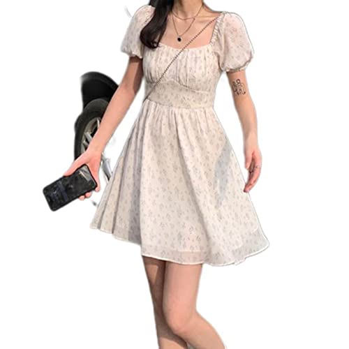 OKGD Kleider Damen Puffärmel Urlaub Sommerkleid Hollow Out Floral Design Koreanischer Stil College Schöne Einfache Trendy Sommer Vestidoes-Weiß, S von OKGD