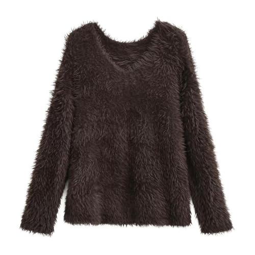OKGD Lässiger und vielseitiger Mohair-Pullover mit V-Ausschnitt für Damen im Herbst und Winter, braun, L von OKGD