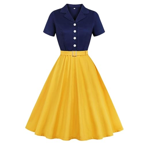 OKGD Marineblaues und gelbes zweifarbiges, geknöpftes Baumwoll-Elegantes Kleid für Damen, Gürtel, Rockabilly-Vintage-Minikleid in Übergröße, Damenkleidung, gelbes blaues Kleid, M von OKGD
