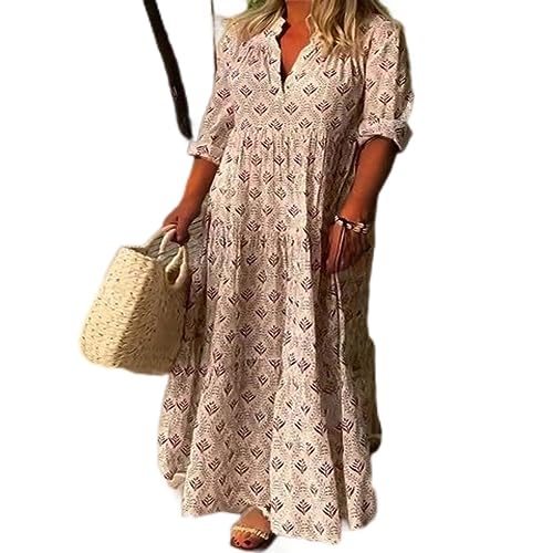 Plus Size Damen Elegantes Langes Maxikleid V-Ausschnitt Langarm Bohemian Blumendruck Frühling Sommer Vintage A-Linie Kleid Femme-style4-S von OKGD