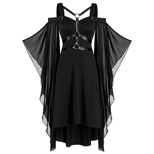Sexy Belt Cross Lace Up Patchwork Black Gothic Long Dress Plus Size Women Clothing 5XL Vintage Mesh Flare Sleeve Goth Punk Dress-A,XL von OKGD