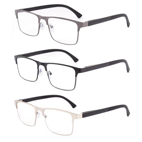 OKH 3er Pack Lesebrille Herren Blaulichtblockierende Federscharniere Lesebrille Metall Computer Anti Glare Lesebrillen Grau+Schwarz+Silber 2.0x von OKH