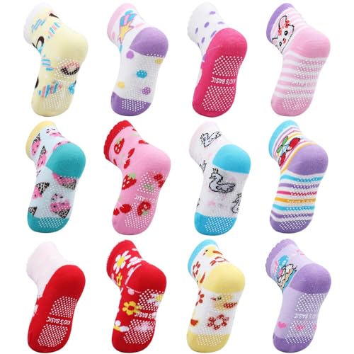 OKPOW Baby Socken 12 Paar Baumwolle Socken Rutschfeste Socken Bunte Socken für 0-5 Jahre alt Kleine Kinder Junge Mädchen von OKPOW