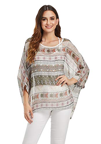 OKSakady Damen-Bluse für den Sommer, Chiffon-Bluse, in Übergröße, elegant und lässig, mit Blumendruck, Boho 4358, One size von OKSakady