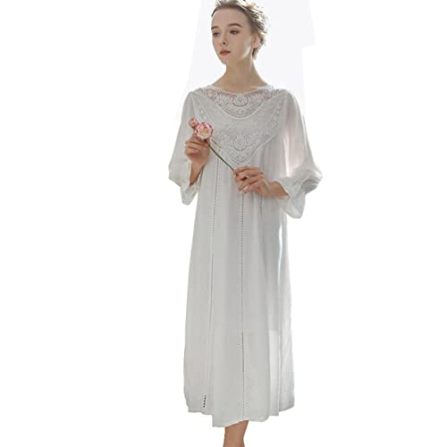 OKSakady Damen Langarm Baumwolle Nachthemd Midi-Länge Spitze Prinzessin Abendkleid Pyjama, Baumwolle, Weiß., 46 von OKSakady