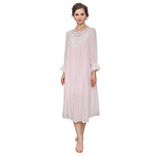 OKSakady Damen Langarm Baumwolle Nachthemd Midi-Länge Spitze Prinzessin Abendkleid Pyjama, Baumwolle, rosa, 46 von OKSakady