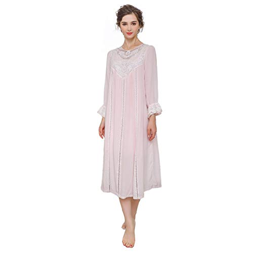 OKSakady Damen Langarm Baumwolle Nachthemd Midi-Länge Spitze Prinzessin Abendkleid Pyjama, Baumwolle, rosa, 46 von OKSakady