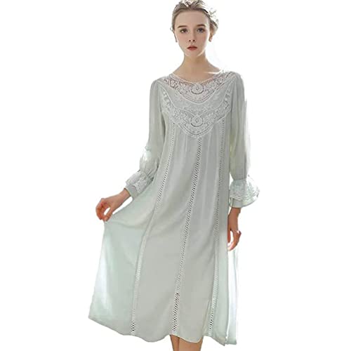 OKSakady Damen Langarm Baumwolle Nachthemd Midi-Länge Spitze Prinzessin Nachtkleid Pyjama Kleid, grün, 36 von OKSakady